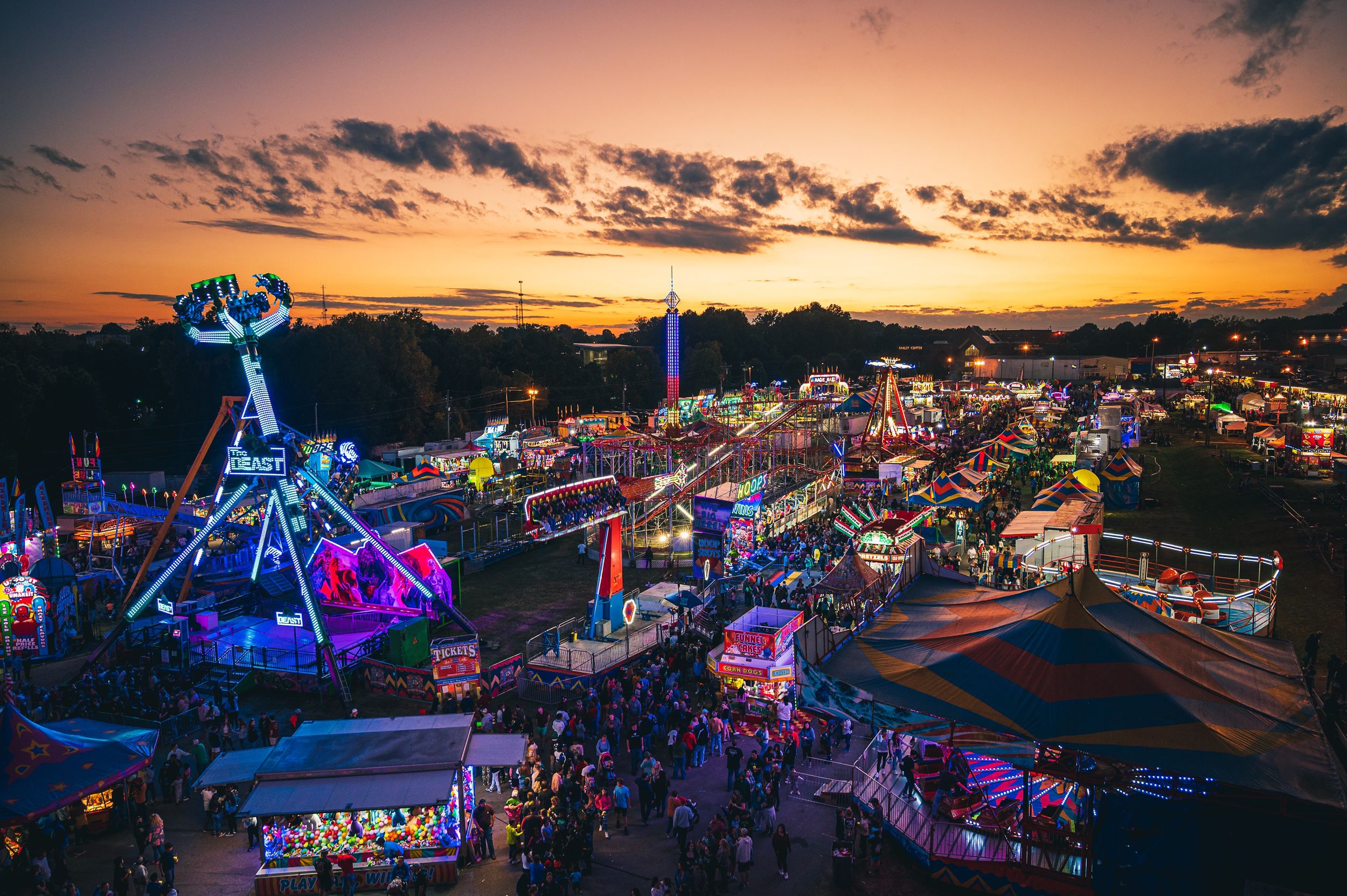 Brightly lit, colorful county festival