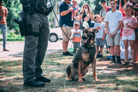 Police officer shows his K9 to a group of children